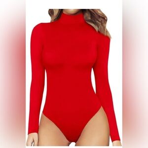 Mangopop Women's Mock Turtle Neck Long Sleeve Tops Bodysuit Red 2 Snap Buttons L